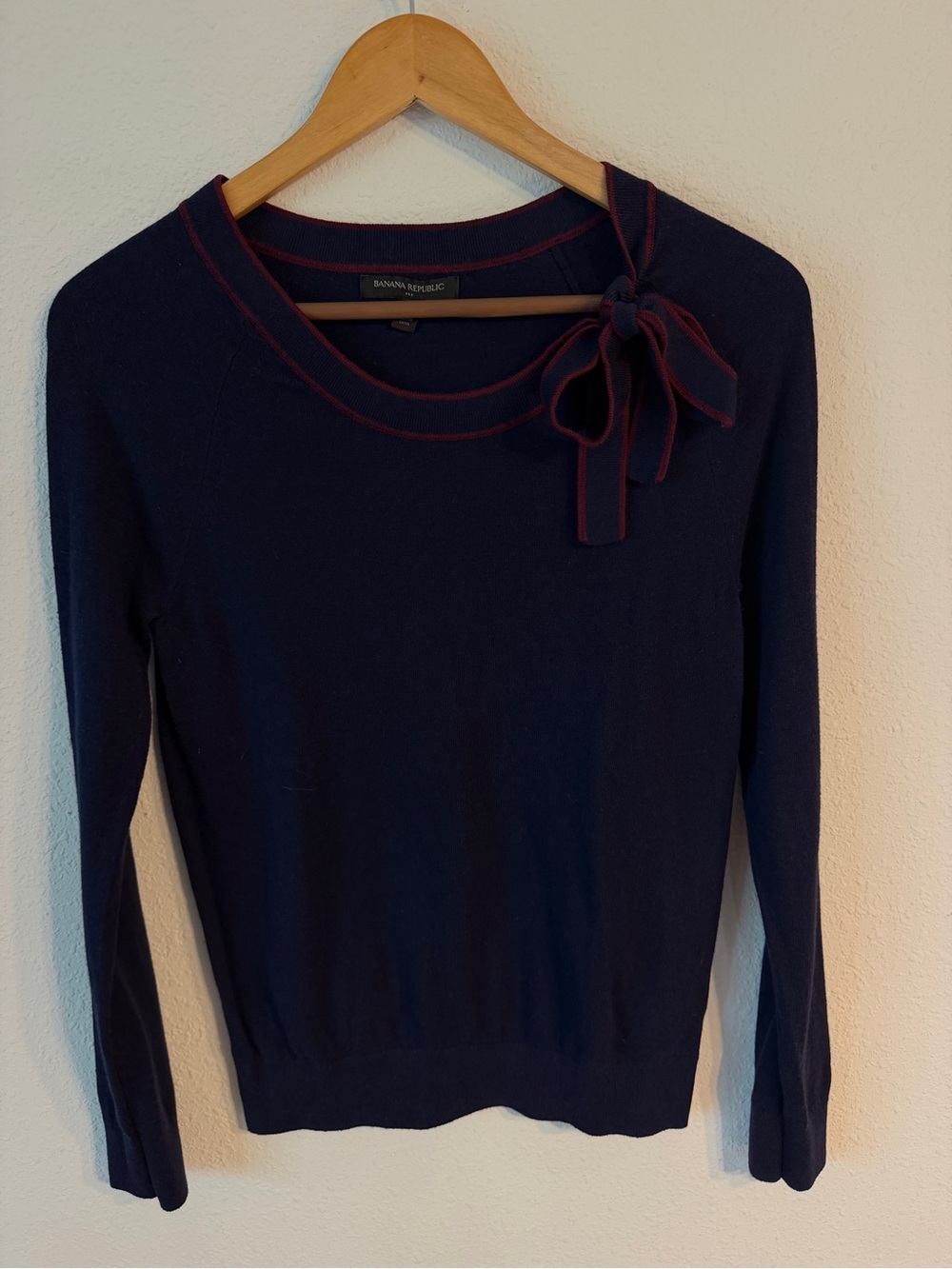 Banana Republic Navy Crewneck Sweater with Red-Trim Bow